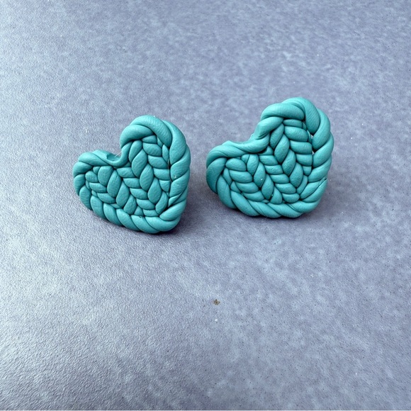 Turquoise Heart-Shaped Polymer Clay Stud Earrings - Picture 6 of 9